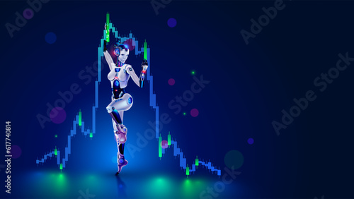 Robot trader. AI for automation trading on stock market. Artificial intelligence develops trading strategy on stock exchange. Neural network in image robot or cyborg woman analyzing financial charts.