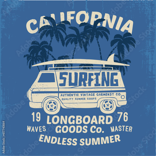 tee print design with old van and palms drawing