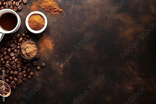 Coffee concept with different types of coffee and props for coffee making on grey background. View from above.
