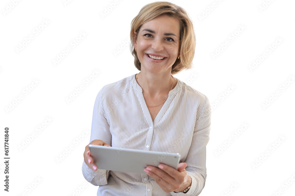 Cheerful middle aged woman standing and looking at screen, reading good news in social network, shopping or chatting online on a transparent background Cheerful middle aged woman standing and looking at screen, reading good news in social network, shopping or chatting online on a transparent background