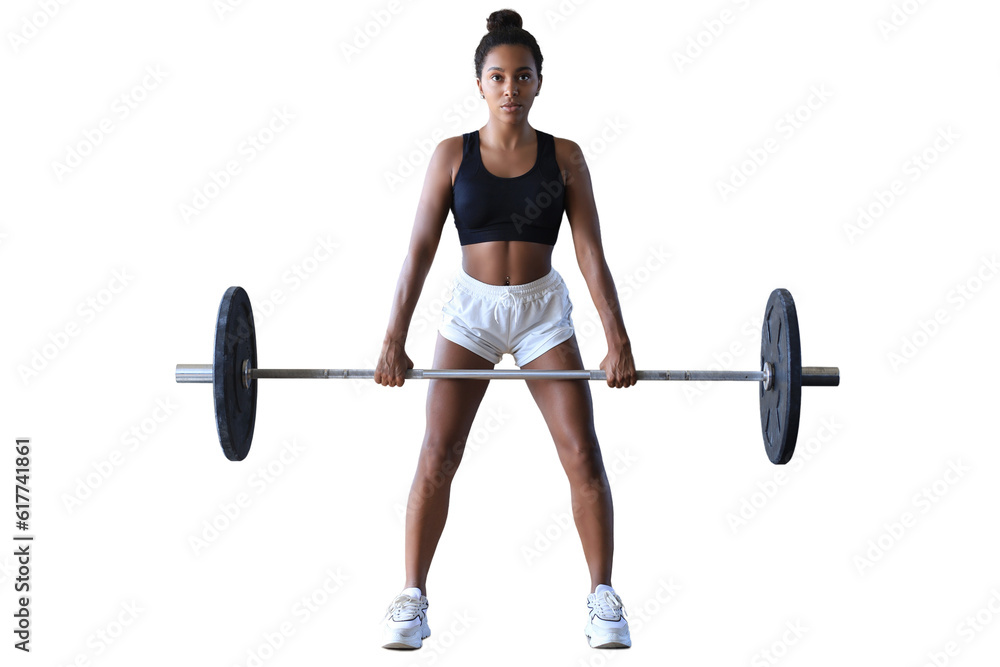 Muscular woman working out in gym doing exercises with barbell at biceps on a transparent background. Muscular woman working out in gym doing exercises with barbell at biceps on a transparent background.