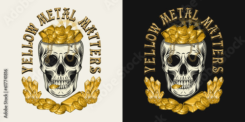Label with skull full of golden treasure, text