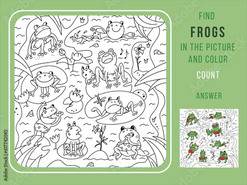 Find the frogs and color, count. Games for Children. Puzzle Hidden Items. Black and white outline for colouring in. Funny cartoon character. Vector illustration.