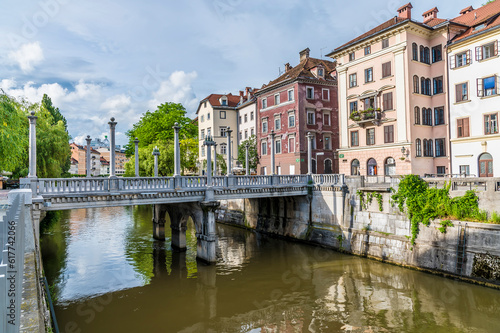 A view up the River Ljubljanica towards the Shoemakers bridge in Ljubljana, Slovenia in summertime