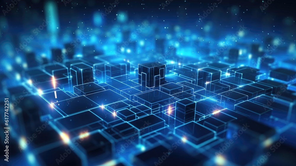 Obraz premium Abstract background of quantum computing system and high speed global data transfer. Futuristic tech city at night - Generative AI illustration
