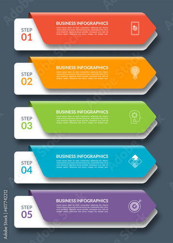Infographic arrows. Business template with 5 steps, options, parts. Can be used for diagram, chart, web design. Vector illustration.