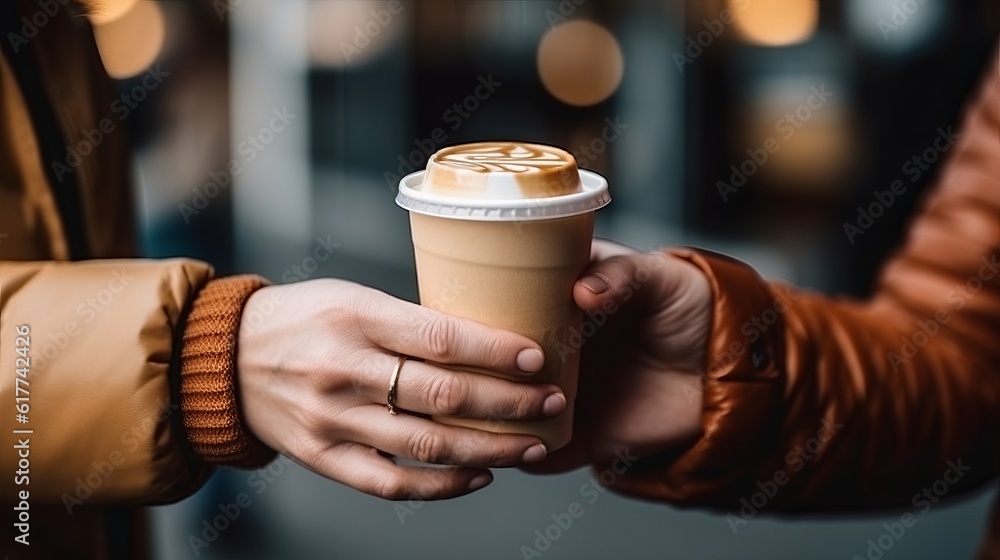 Takeaway coffee in a disposable paper cup is passed from hand to hand. An invitation to a date in a coffee shop. Hot drink outside.
Generative AI Takeaway coffee in a disposable paper cup is passed from hand to hand. An invitation to a date in a coffee shop. Hot drink outside.
Generative AI