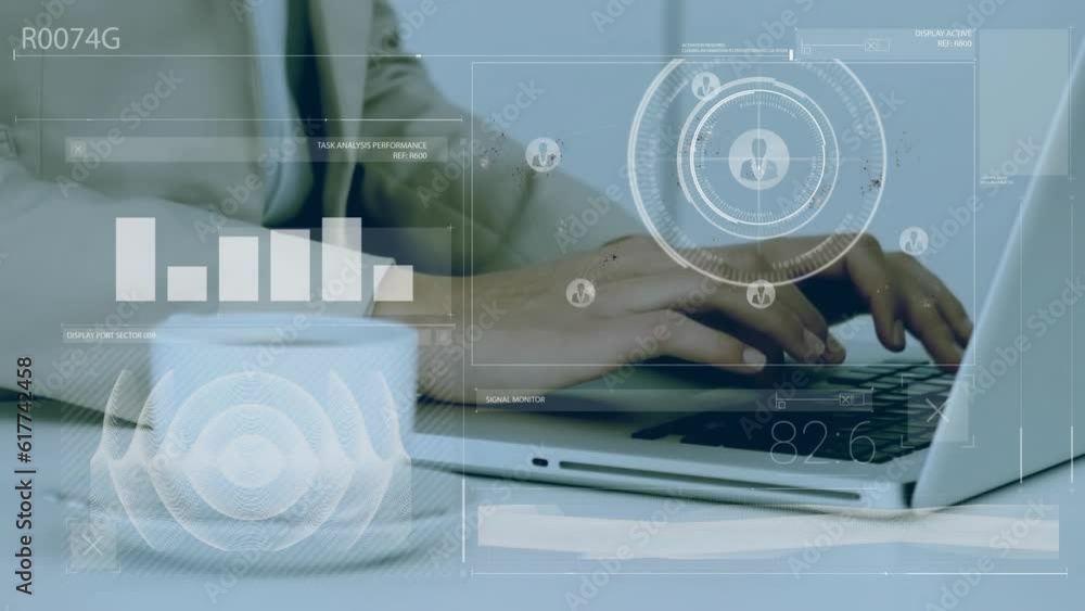 Animation of financial data processing over biracial businessman using laptop Animation of financial data processing over biracial businessman using laptop