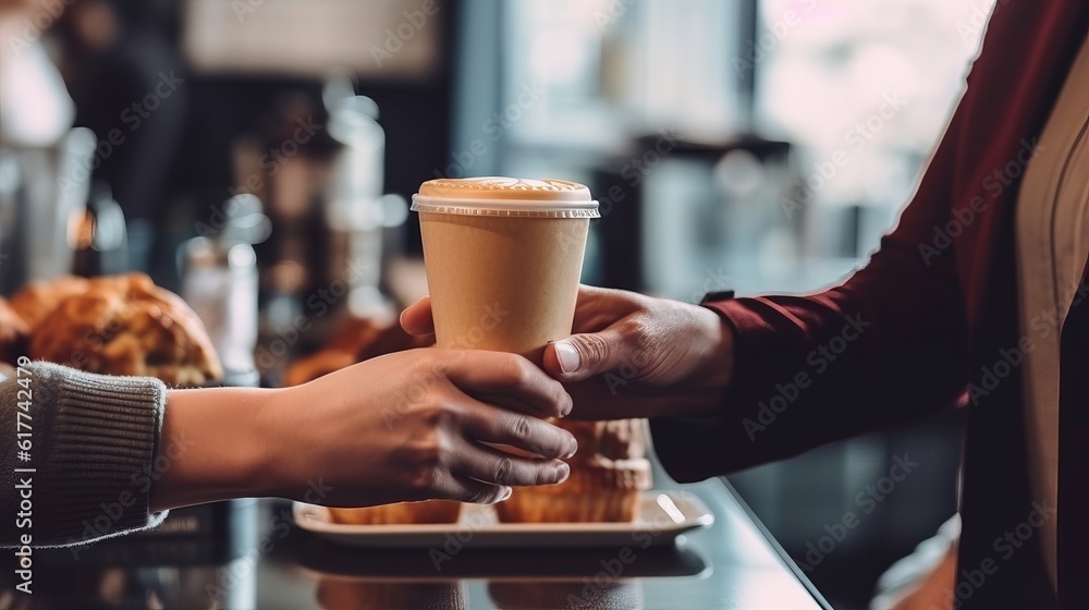 Takeaway coffee in a disposable paper cup is passed from hand to hand. An invitation to a date in a coffee shop. Hot drink outside.
Generative AI