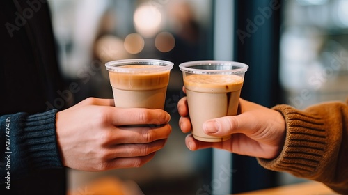 Takeaway coffee in a disposable paper cup is passed from hand to hand. An invitation to a date in a coffee shop. Hot drink outside. Generative AI