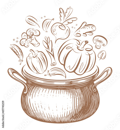 Pot with falling vegetables. Healthy eating concept. Cooking pan, saucepan vector sketch illustration