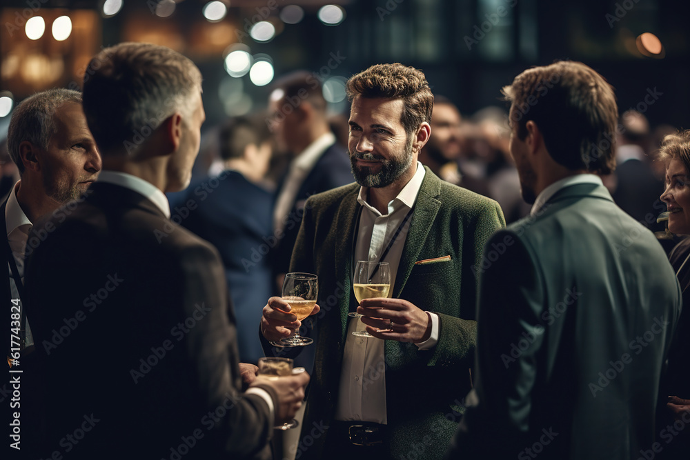Group of business executives meeting at a networking event, cheering with glasses of wine.