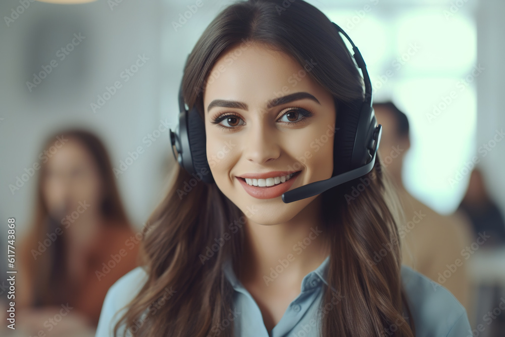 Smiling businesswoman or helpline operator with headset talking to customer at call center office. - obrazy, fototapety, plakaty 