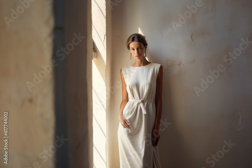 A beautiful model in a white dress stands near a sandstone wall in the sun.