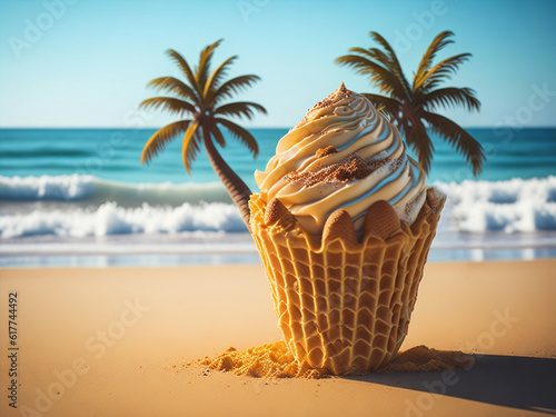 Realistic 3D vanilla ice cream cone on the beach with palm tree branch.