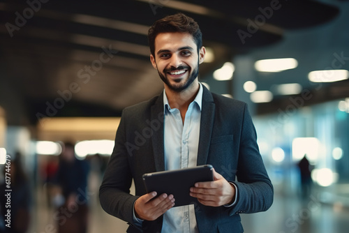Happy handsome middle eastern man with tablet in hands standing in office lobby.