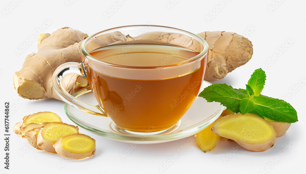 Cup of tea, ginger, mint and lemons on white background. Cough remedies Cup of tea, ginger, mint and lemons on white background. Cough remedies