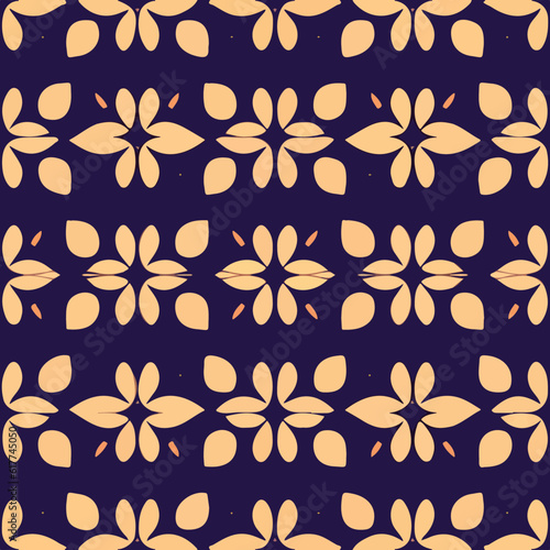 Vibrant flower pattern on purple backdrop, creates beautiful repeating fabric design with garden inspired flowers.