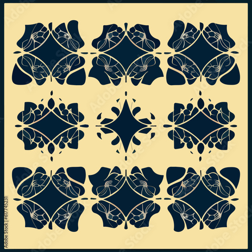 Mesmerizing black & white pattern on yellow backdrop. Symmetrical girih motifs with fractal muqarnas.