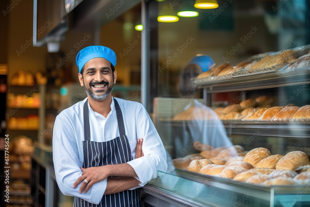 A proud small business owner in front of a modern bakery storefront. Generative Ai.