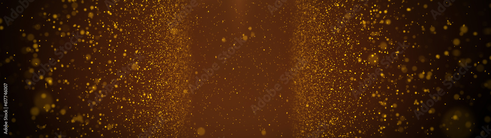 Banner gold particles abstract background with shining golden floor particle stars dust.Beautiful futuristic glittering in space on black background.