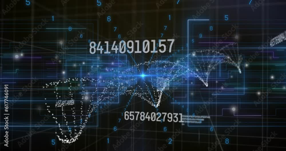 Animation of dna, network of connections with numbers on dark background Animation of dna, network of connections with numbers on dark background