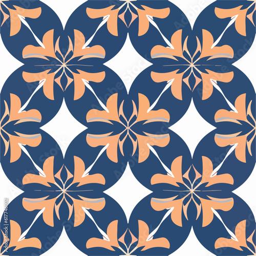 Blue and orange flower pattern on white background. Repeating fabric pattern with art deco influence.