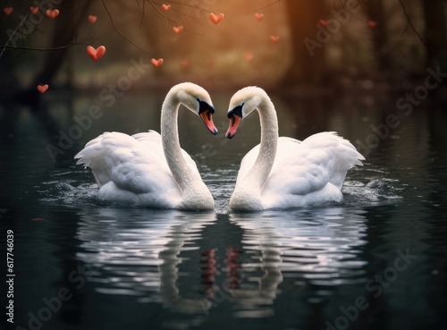 The couple of swans with their necks form a heart. Mating games of a pair of white swans. Swans swimming on the water in nature. Valentine s Day background. Created with Generative AI technology.