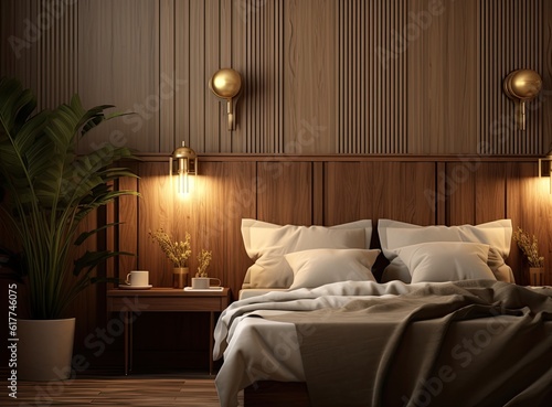 Stylish golden lamp and stationery on wooden nightstand in bedroom. Interior element. Created with Generative AI technology.