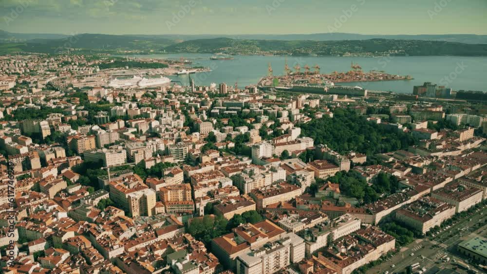 Aerial view of San Vito neighborhood of Trieste involving the sea port and docked cruise ships, Italy Aerial view of San Vito neighborhood of Trieste involving the sea port and docked cruise ships, Italy