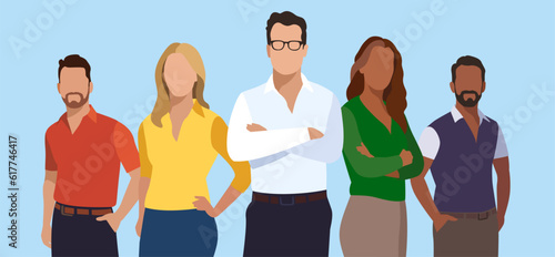 Leader and his team. Friends, diversity. Business vector flat illustration. 