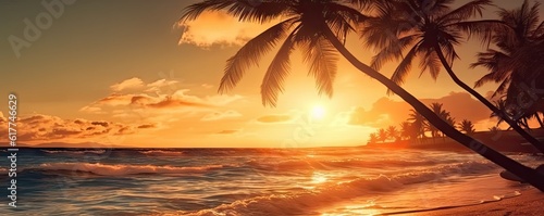 Beauty of beach oceans and romantic sunsets. Majestic palm trees  sunsets and beautiful seascape in paradise