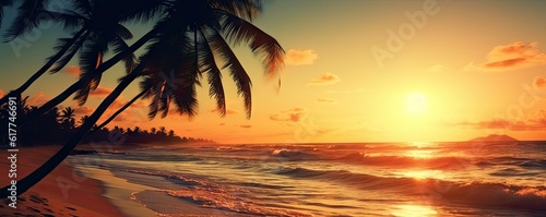 Beauty of beach oceans and romantic sunsets. Majestic palm trees  sunsets and beautiful seascape in paradise