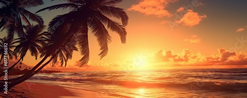 Beauty of beach oceans and romantic sunsets. Majestic palm trees, sunsets and beautiful seascape in paradise © Thares2020