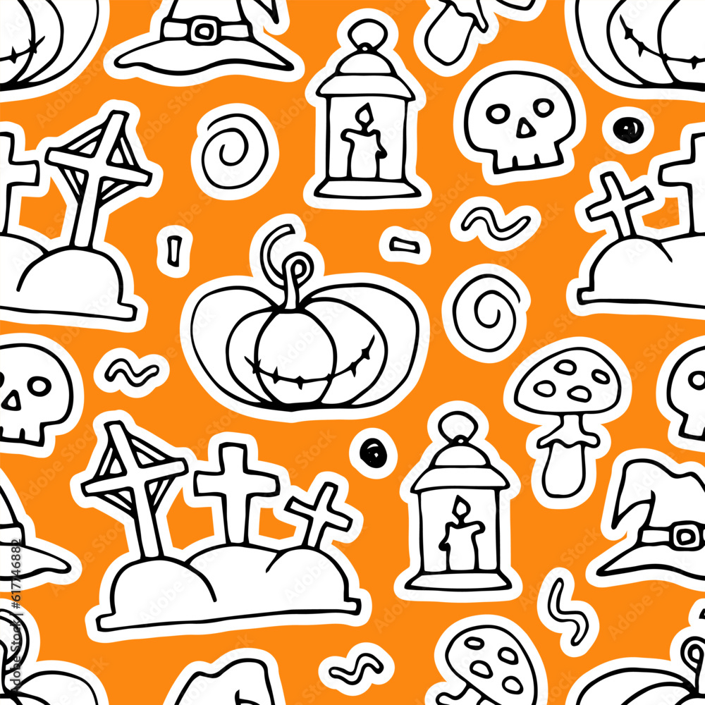 Fototapeta premium Doodle Halloween seamless pattern. Hand-drawn autumn pumpkin, grave, skull, witch hat on orange background. Cute scary horror sticker for fall holiday Day of the Dead. Vector color spooky illustration