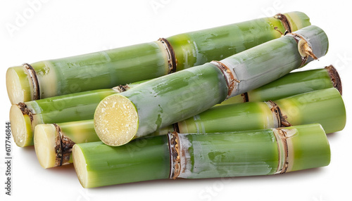 Fresh sugar cane with leaves isolated on white background.