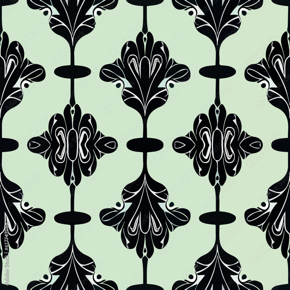 Vibrant green background with black and white floral art deco design. Vibrant green background with black and white floral art deco design.