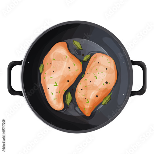Chicken breast file fryed on skillet pan with sause, marinated with spices, seasoning top view in cartoon style isolated on white.