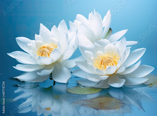 White lotus with yellow pollen on surface of pond. Created with Generative AI technology.