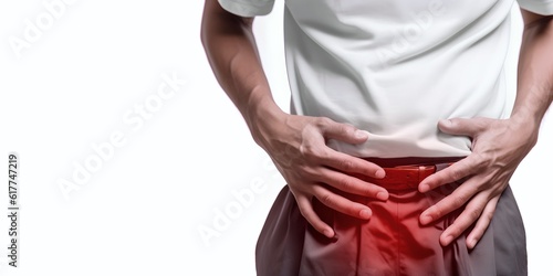 Man suffering lower abdominal pain. AI generated photo