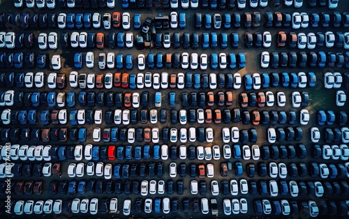 Aerial view new car lined up in the port for import and export business logistic to dealership for sale, Automobile and automotive car parking lot. Created with Generative AI technology.