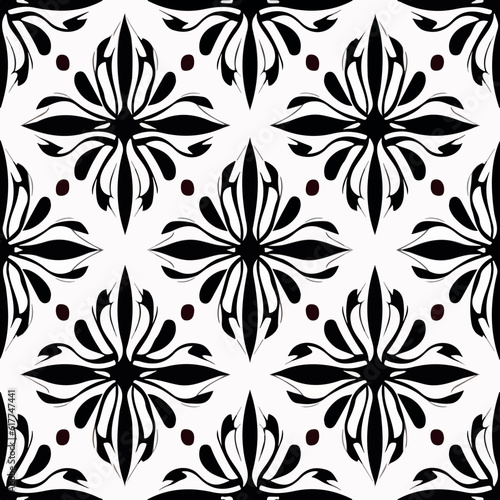 Timeless black and white damask pattern with dark floral accents.