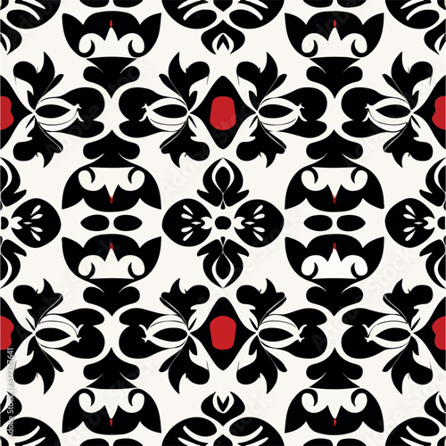 Striking black and white damask pattern with red accents, opulent and floral.