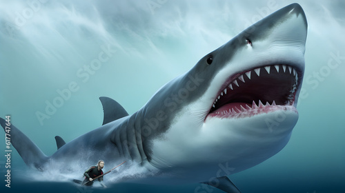 Big shark and diver surfing at ocean. AI generated