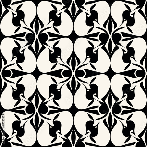 Captivating black and white abstract design inspired by art nouveau and art deco styles, reminiscent tessellations.