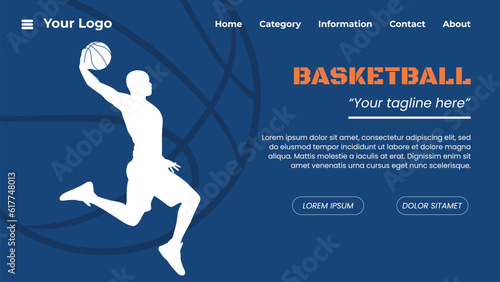 Landing page banner template. Basketball silhouette illustration, Sport interface concept. Vector layout design