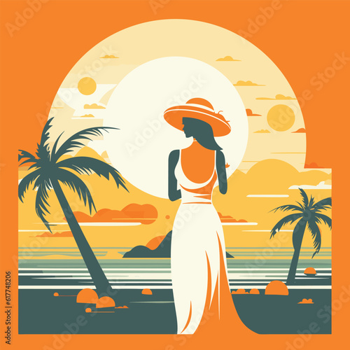  Beach girl enjoying sun set, fancy clothes, palm tree, orange theme, summer
