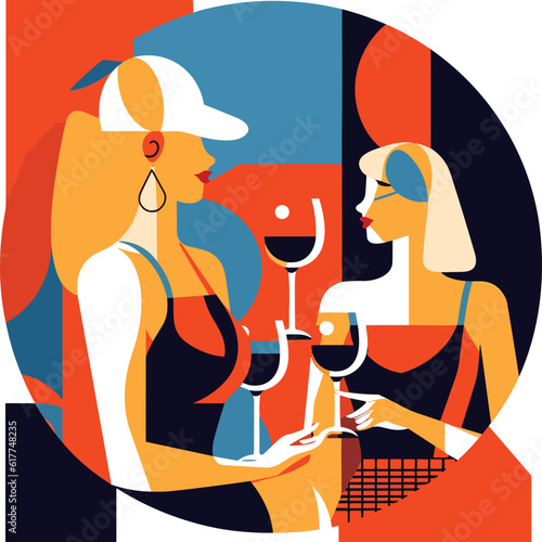 Abstract Art of two girls enjoying drink, having fun, flat illustration , summer