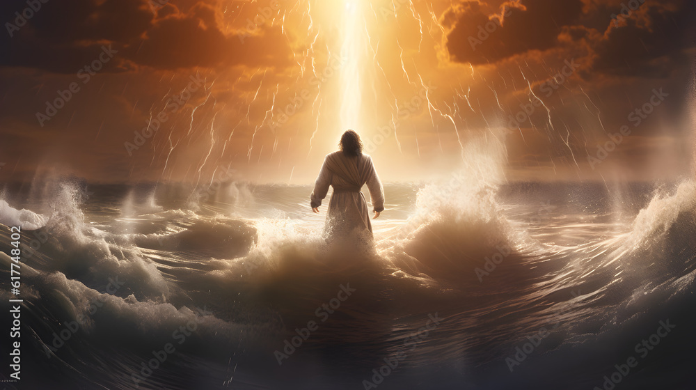 Jesus Christ walking on water. Thunderstorm with huge waves. AI ...