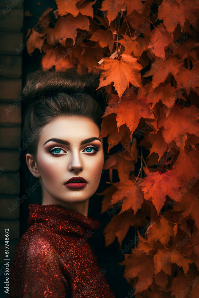 Generative AI illustration of Beautiful young caucasian woman with background of red leaves in autumn colors dressed in the latest fashion Generative AI illustration of Beautiful young caucasian woman with background of red leaves in autumn colors dressed in the latest fashion